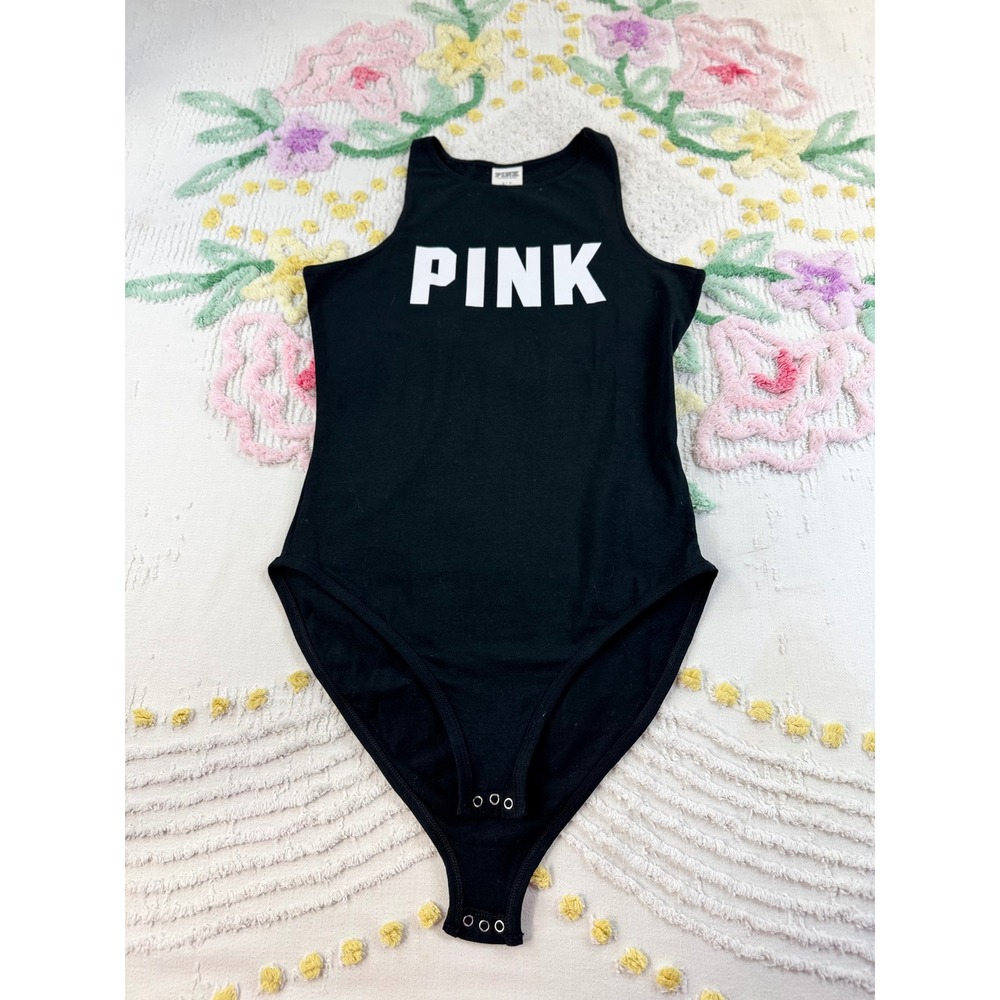 Victoria's Secret PINK Bodysuit Black Sleeveless Graphic Logo Snap Closure Small